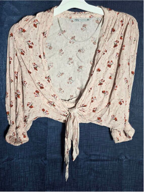 Women's ZARA Pink Floral Blouse XS tie front cottagecore